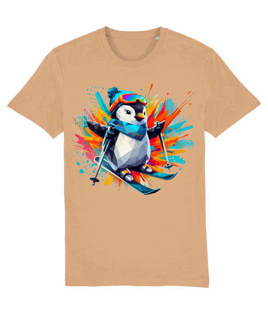 Penguin Skiing Two Organic T Shirt Arctic Sunset