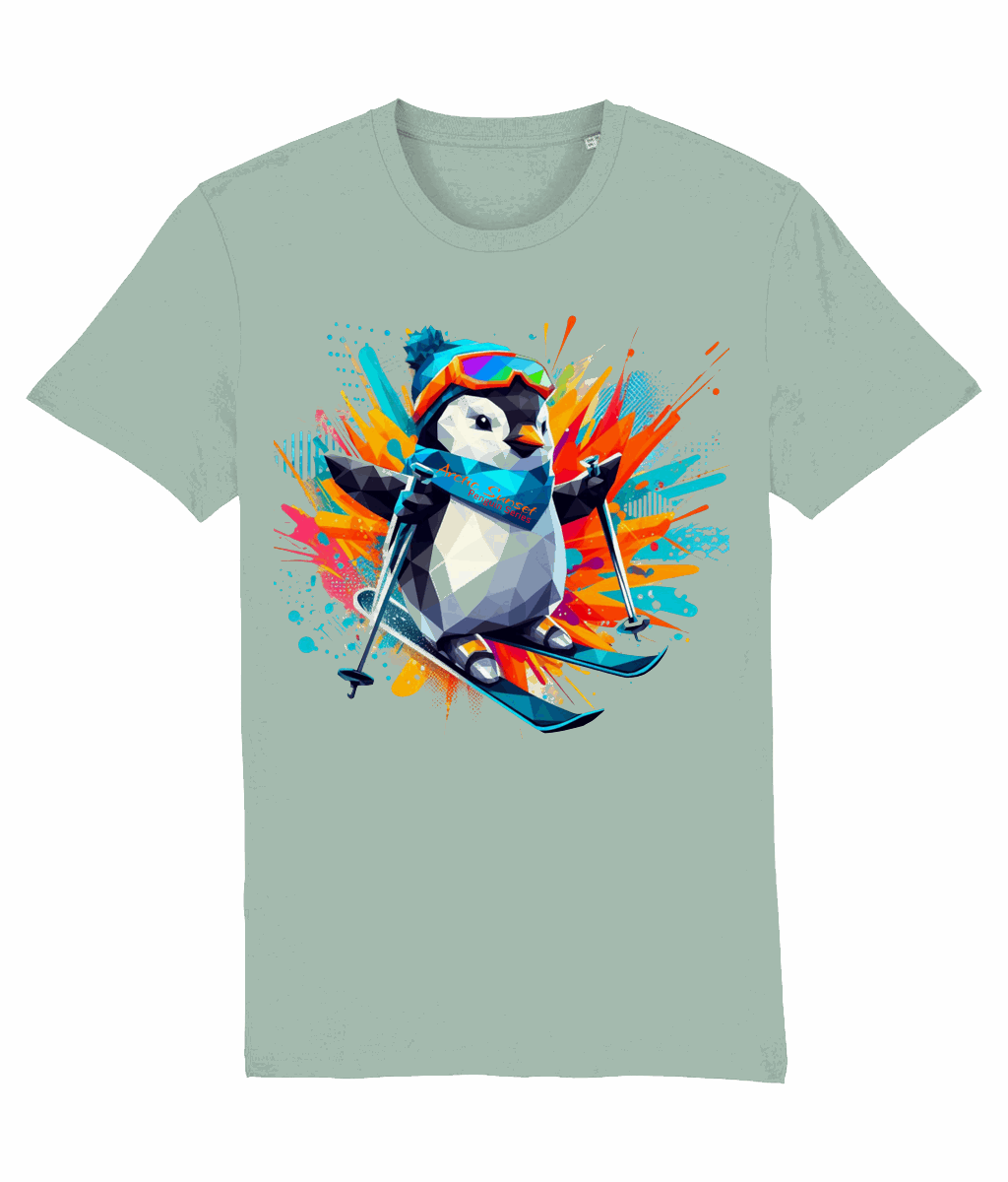 Penguin Skiing Two Organic T Shirt Arctic Sunset