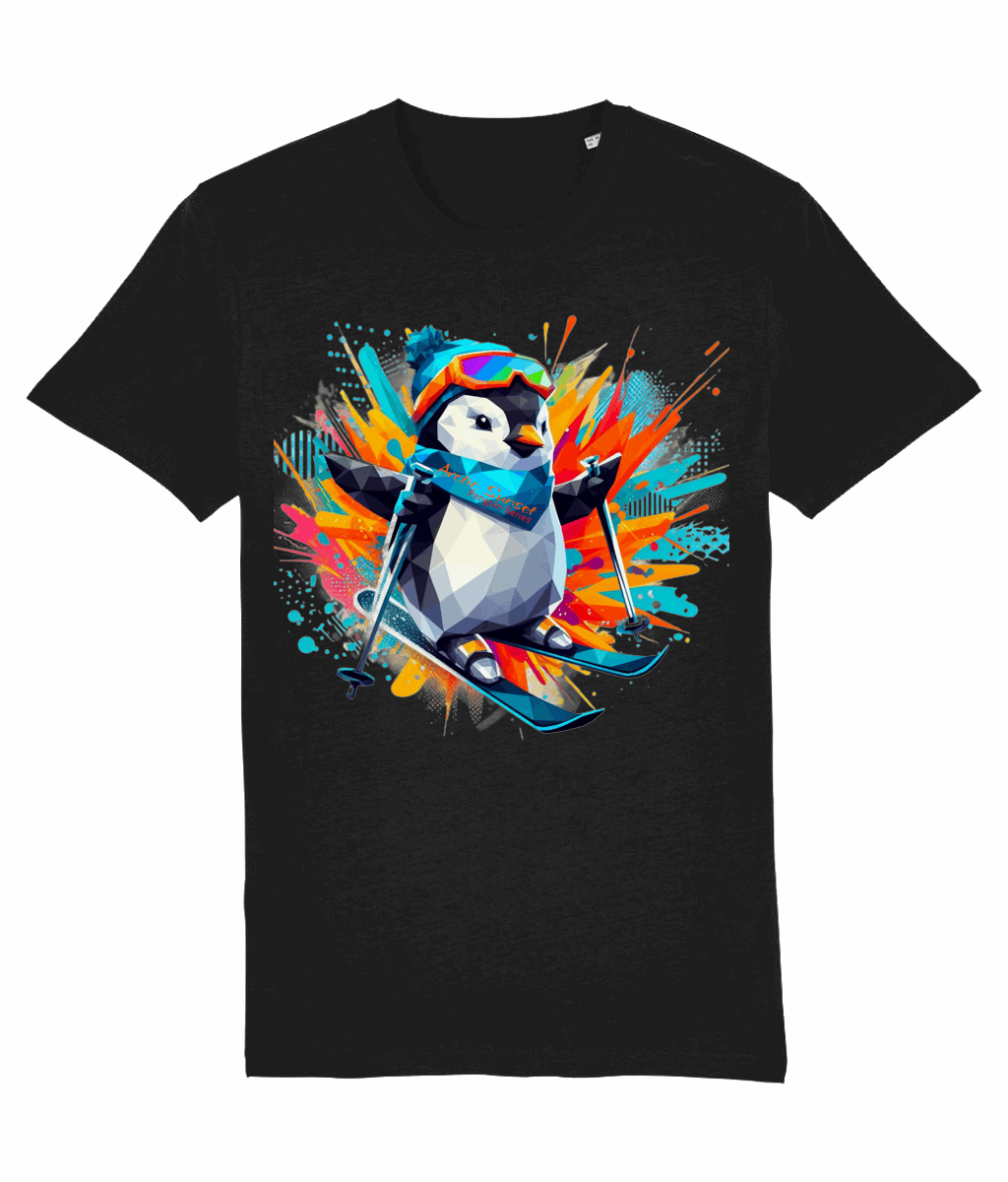 Penguin Skiing Two Organic T Shirt Arctic Sunset