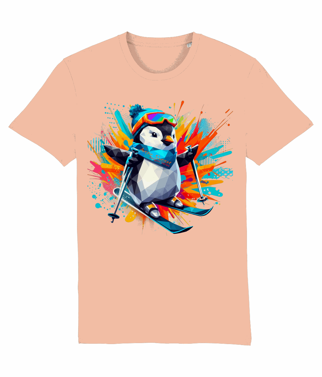 Penguin Skiing Two Organic T Shirt Arctic Sunset