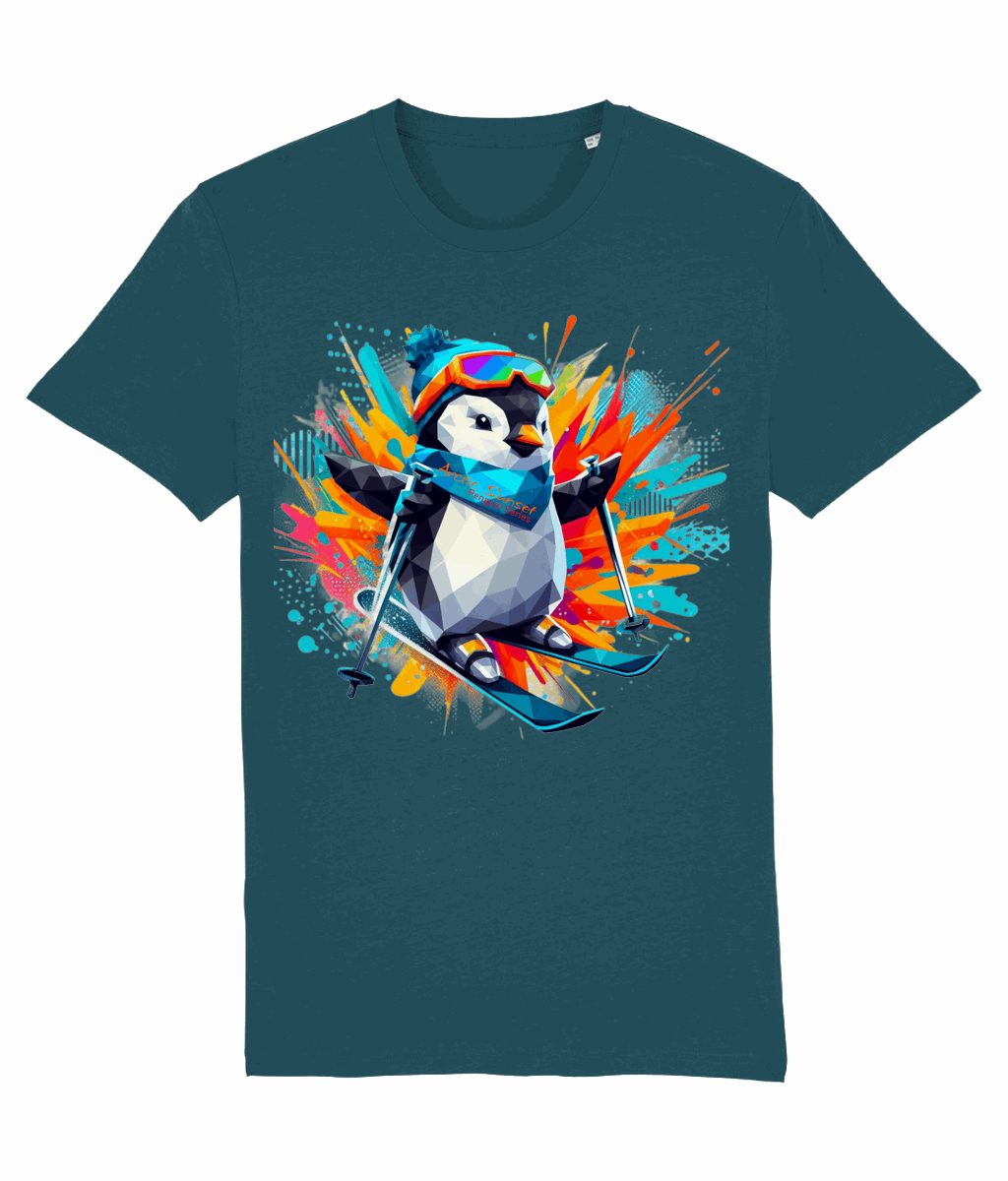 Penguin Skiing Two Organic T Shirt Arctic Sunset